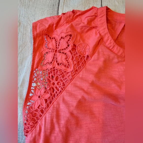 Talbots Plus Size 2X Coral Split Neck Cotton Modal Crochet Embroidered Sleeve - Picture 5 of 7